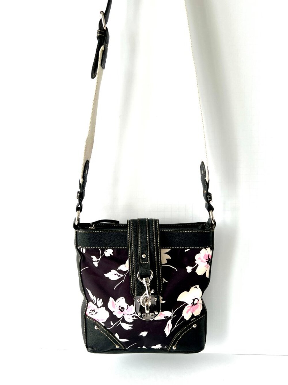 Chaps Crossbody Bag, Black, White and Pink Flowers, EC